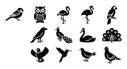 Obraz premium Vector silhouette illustration a whimsical pattern featuring black silhouettes of a flamingo, peacock, and hummingbird on white