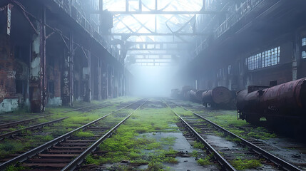 Naklejka premium Abandoned factory with railway tracks overgrown with grass, misty atmosphere. Inside, vintage industrial structures, rusty tanks
