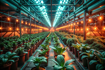 Greenhouse plants under artificial lighting seedlings