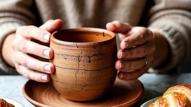 Woman holding a kintsugi repaired ceramic cup, enjoying a moment of tranquility with fresh croissants on the table, celebrating the beauty of imperfection