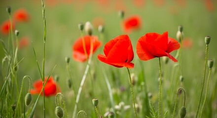 Fototapeta premium Red Poppy in Green Field