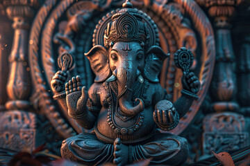 Fototapeta premium Bright holiday composition for happy Ganesh Chaturthi, abstract vivid composition consists of fictional unreal fantastic vision on background