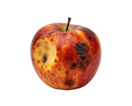 A rotten and decaying red apple with brown spots and a bite taken out is isolated isolated on transparent