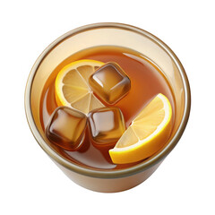 3d iced tea with lemon slices and ice cubes isolated on transparent background
