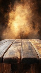 Rustic Wooden Table with Abstract Golden Background Texture