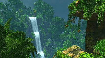 Lush jungle landscape with cascading waterfall and ancient ruins. Dense vegetation surrounds a towering waterfall plunging into a valley below.  Stone structures and overgrown foliage blend seamlessly
