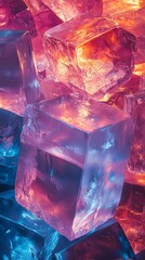 Pile of Ice Cubes Reflecting Blue and Red Light
