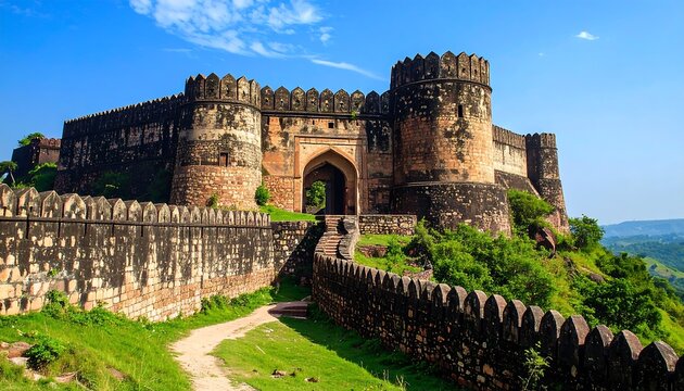 Majestic view of the historic Bhangarh Fort with impressive architecture against a clear blue sky
