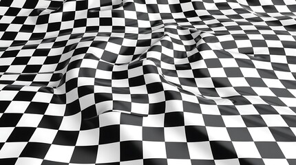 Fototapeta premium Wavy Black and White Checkerboard Pattern Fabric-Abstract image of a distorted checkerboard pattern on fabric, creating a wavy, three-dimensional visual effect in black and white.