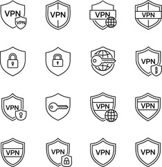 VPN Security Line Icons Set - Virtual Private Network and Data Protection