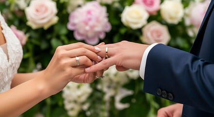 Close-up of a bride placing a wedding ring on the groom's finger during the ceremony, with a floral backdrop.