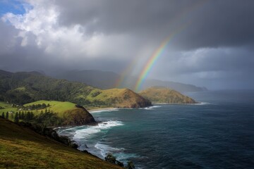 Fototapeta premium Rainbow spanning coastline under stormy clouds with verdant hills and blue ocean