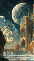 Fantasy Tower with Planets and Arched Bridge Over Water