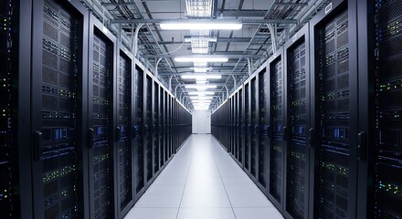A long, symmetrical corridor in a data center filled with rows of server racks and overhead cable trays, receding into the distance.