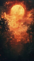 Full Moon Shining Over Forest Trees at Night with Orange Clouds