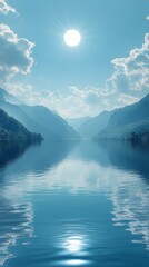 Lake Reflecting Mountains and Sky on Bright Sunny Day