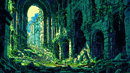 Fototapeta premium Ancient overgrown ruins, pixelated, lush greenery, sunlight filtering through archway. Steps lead into a forgotten temple