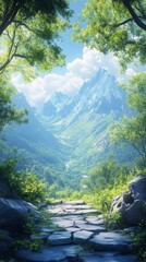Hiking Trail Leading to Distant Mountains and Blue Sky