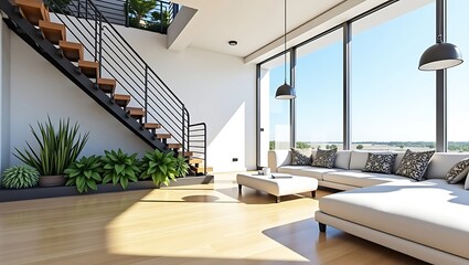 Fototapeta premium Modern living room with large windows and indoor plants-Bright and stylish living space featuring floor-to-ceiling windows, a staircase with black railing, minimalist furniture, and lush indoor plant