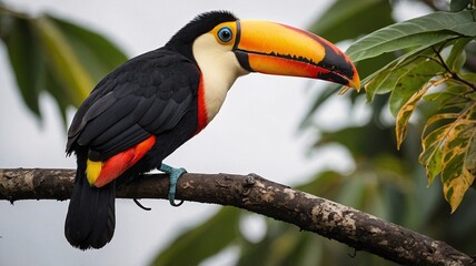 Naklejka premium A vibrant toucan perched on a branch, showcasing its striking orange bill and glossy black plumage amidst lush green foliage.