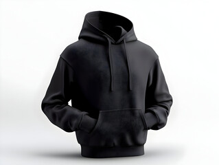 Black hoodie with front pockets,  mockup.  Detailed view of a plain black hooded sweatshirt,  isolated on white background.  Features a simple design,  relaxed fit,  and  visible stitching