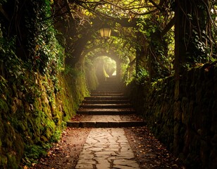 A sunlit path through a mossy tunnel