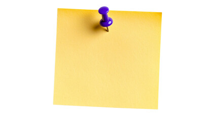 yellow sticky note is pinned to surface with purple pushpin, creating vibrant and organized look. This simple yet effective office supply can be used for reminders or notes isolated on transparent bac