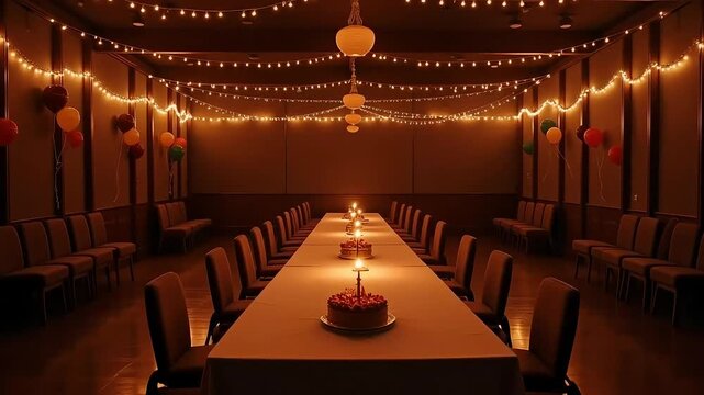 Elegant celebration in warm light with cake, balloons, and decorated party room for a special event