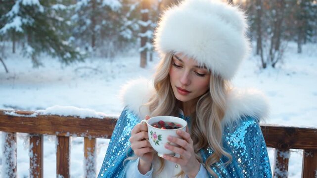 Snow Maiden Drinking Tea in Snow
