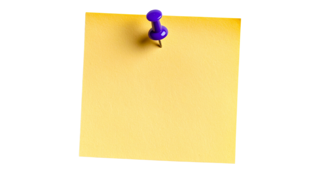 yellow sticky note is pinned to surface with purple pushpin, creating vibrant and organized look. This simple yet effective office supply can be used for reminders or notes isolated on transparent bac