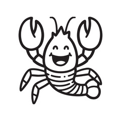An adorable line drawing of a smiling lobster with raised claws and a cheeky look. 
