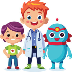 Cartoon Doctor Boy with Patient and Robot Friend Standing Together Smiling.