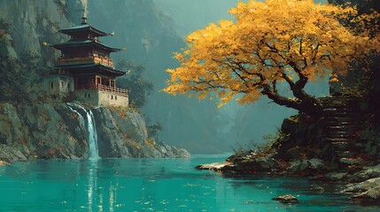 Pagoda on cliff by river with autumn tree