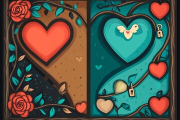 Colorful orchard path framed with hearts and roses highlights love and connection in nature setting