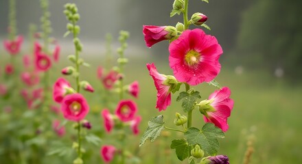 Pink Hollyhock Flowers in Field