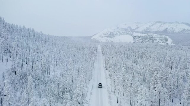 Aerial view of a solitary car braving the snowy road cutting through the stark, snow-laden forest, creating a mesmerizing winter scene, Oymyakon, Sakha Republic, Russia.
