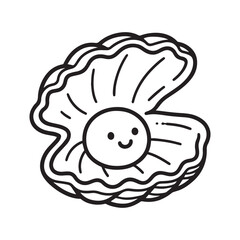 An adorable line drawing of an open seashell holding a shiny pearl inside, with a sweet and gentle expression. 