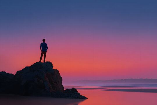 Contemplative Figure Standing on Rocky Outcrop Gazing at Twilight Seascape - Powered by Adobe