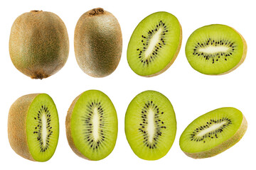 Fototapeta premium Kiwi fruit assortment, isolated on white background, closeup. Ripe juicy green kiwi fruit whole and round slices from different sides, studio shot. Set for advertising, design.