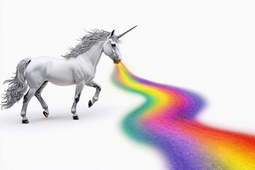 Obraz premium Unicorn gracefully gallops through the sky, leaving a vibrant rainbow trail illuminated by sunlight