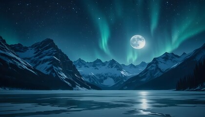 Experience the magic of the Northern Lights dancing over snowy peaks under a bright, full moon creating a breathtaking winter wonderland scene