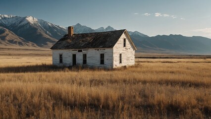 old house in the grass feild on the mountain background