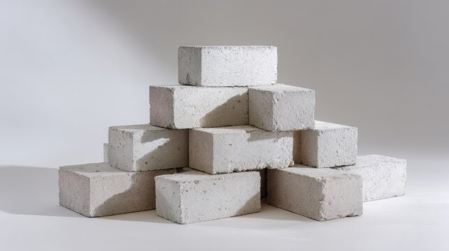 Stack of white cement bricks on gray background highlighting construction materials