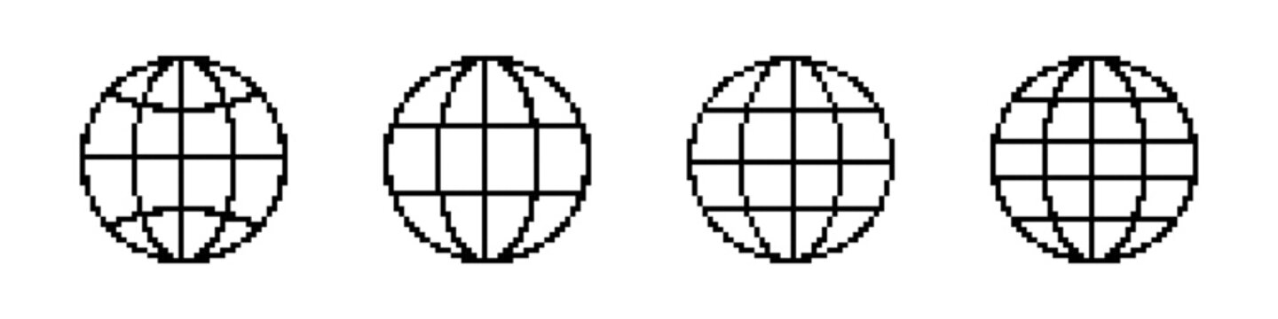 Website pixel icons set. Web, world, earth, planet, globe. Pixel art.