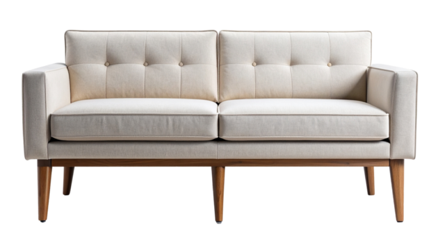 Modern upholstered bench with cushioned seat and sleek legs, featuring detailed fabric texture and clean lines, fully isolated on a transparent PNG background 