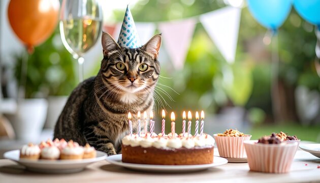 A tabby cat wearing a party hat with birthday cake