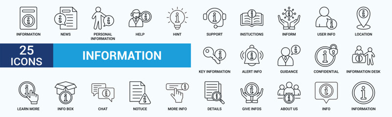 Information Technology icon set. Containing cloud computing, IT manager, big data, data analytics, internet, network security and more. Outline vector icons collection.