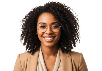 Smiling Businesswoman with Curly Hair and Glasses, isolated on a transparent background

