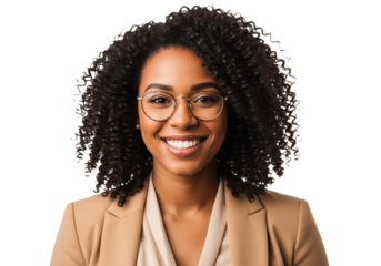 Smiling Businesswoman with Curly Hair and Glasses, isolated on a transparent background

