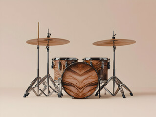 Full drum kit, light brown wood finish, metallic hardware, simple backdrop.  Detailed view of cymbals, bass drum, and snare drum